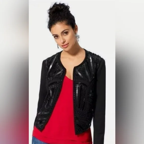 CACHE Embellished Sequin & Beads Evening Dress Black Jacket Medium - Picture 3 of 16